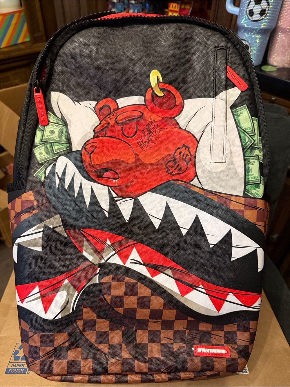 Sprayground Black, Red & Brown Bear Shark Graphic Backpack sleep party